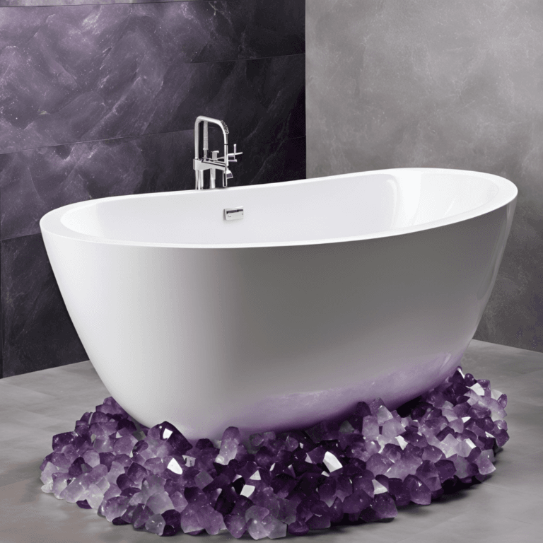 Modern white bathtub resting on a base of purple amethyst crystals