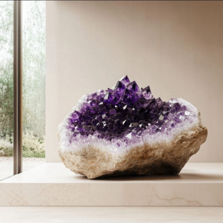 Close-up of vibrant purple amethyst geode