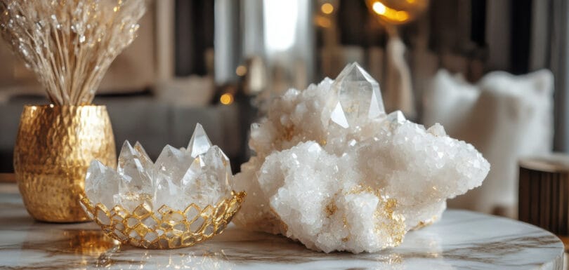 Clear quartz crystal clusters displayed on a polished marble table with a decorative gold vase and blurred interior background