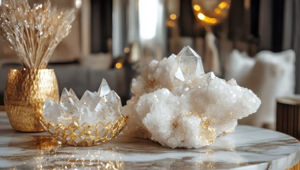 D66A5C9D-5AA7-423C-A863-BE718C43E235 Clear quartz crystal clusters displayed on a polished marble table with a decorative gold vase and blurred interior background