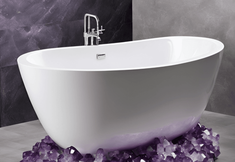 Untitled design Modern white bathtub resting on a base of purple amethyst crystals